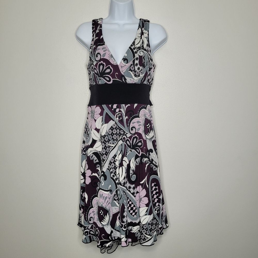 Vintage y2k studio y tie waist v neck groovy mismatch pattern midi dress Med